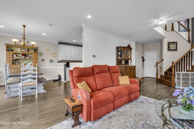 66 Shore Dr Unit 20, South Amboy, NJ 08879 - living room with a chandelier, wood finished floors, stairs, crown molding, and recessed lighting