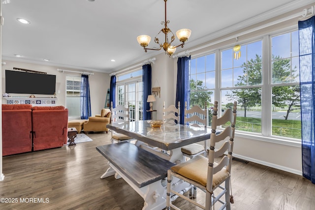 66 Shore Dr Unit 20, South Amboy, NJ 08879 - dining area with ornamental molding, a chandelier, baseboards, wood finished floors, and recessed lighting