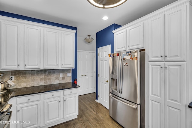 66 Shore Dr Unit 20, South Amboy, NJ 08879 - kitchen featuring appliances with stainless steel finishes, white cabinetry, dark wood-type flooring, and recessed lighting