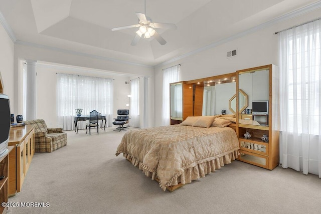 39 Barton Creek Rd, Jackson, NJ 08527 - bedroom with light colored carpet, multiple windows, a tray ceiling, crown molding, and a ceiling fan