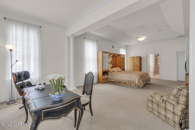 39 Barton Creek Rd, Jackson, NJ 08527 - bedroom featuring light carpet, a tray ceiling, ornate columns, crown molding, and ensuite bath