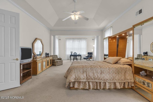 39 Barton Creek Rd, Jackson, NJ 08527 - carpeted bedroom with decorative columns, a raised ceiling, ornamental molding, and ceiling fan