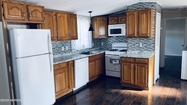 6 Monique Cir, Hazlet, NJ 07730 - kitchen featuring white appliances, brown cabinets, and dark wood-type flooring