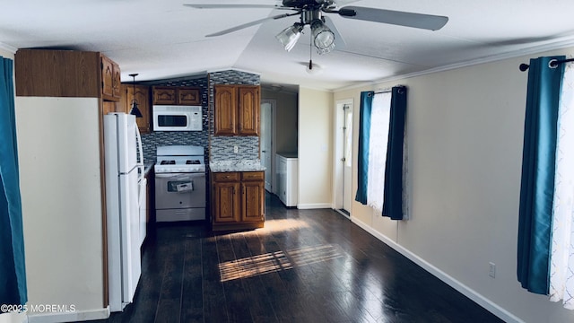 6 Monique Cir, Hazlet, NJ 07730 - kitchen with white appliances, ceiling fan, dark wood finished floors, vaulted ceiling, and baseboards