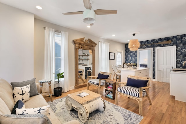 142 Heck Ave, Ocean Grove, NJ 07756 - living area with wallpapered walls, a ceiling fan, light wood finished floors, recessed lighting, and baseboards