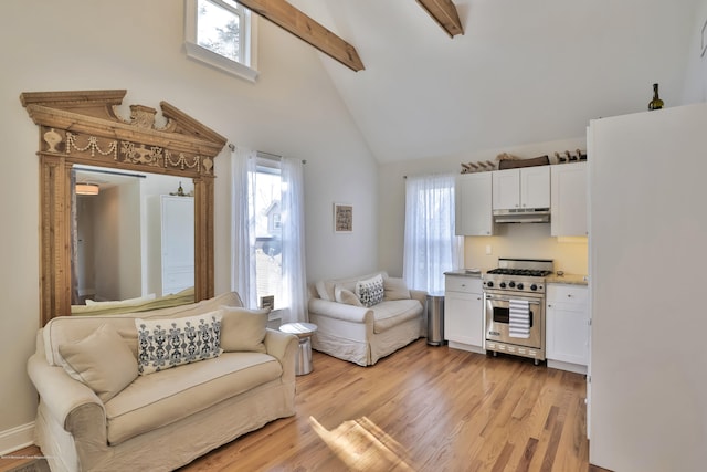 142 Heck Ave, Ocean Grove, NJ 07756 - living area featuring beam ceiling, light wood-style floors, and high vaulted ceiling