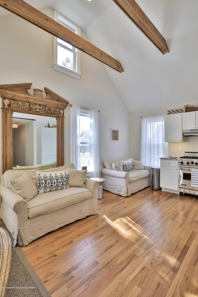 142 Heck Ave, Ocean Grove, NJ 07756 - living room featuring high vaulted ceiling, beamed ceiling, and light wood-style flooring