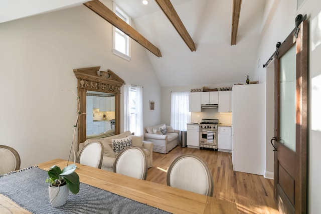 142 Heck Ave, Ocean Grove, NJ 07756 - dining room featuring a barn door, high vaulted ceiling, beamed ceiling, and light wood-style flooring