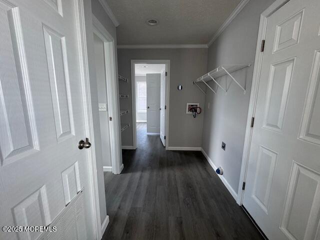 12 Mary Ann Ct, Hazlet, NJ 07734 - washroom with dark wood-style flooring, baseboards, hookup for an electric dryer, crown molding, and washer hookup