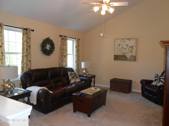 483 Coral Ln, Manahawkin, NJ 08050 - living room featuring ceiling fan, lofted ceiling, light colored carpet, and healthy amount of natural light