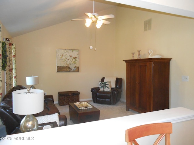 483 Coral Ln, Manahawkin, NJ 08050 - living area featuring vaulted ceiling, ceiling fan, and light colored carpet