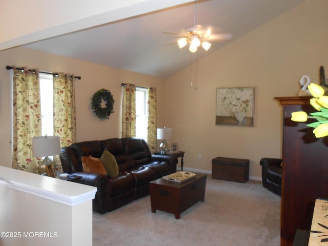 483 Coral Ln, Manahawkin, NJ 08050 - living room with ceiling fan, light carpet, and vaulted ceiling