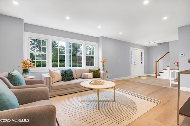 1172 Concord Dr, Brick, NJ 08724 - living room with recessed lighting, stairs, light wood finished floors, and baseboards