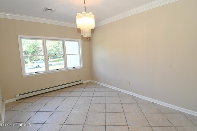 6 Marc Ln, North Hanover, NJ 08562 - spare room with baseboard heating, ornamental molding, a chandelier, light tile patterned floors, and baseboards