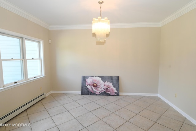 6 Marc Ln, North Hanover, NJ 08562 - unfurnished room featuring a baseboard heating unit, ornamental molding, a chandelier, light tile patterned floors, and baseboards