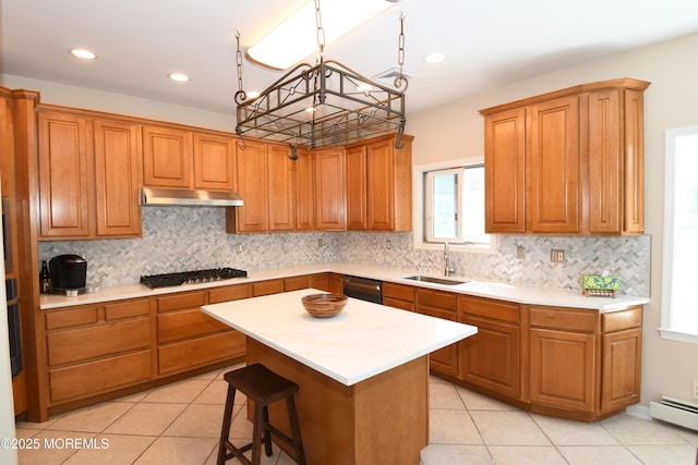 6 Marc Ln, North Hanover, NJ 08562 - kitchen with a sink, stainless steel appliances, under cabinet range hood, a baseboard heating unit, and light countertops