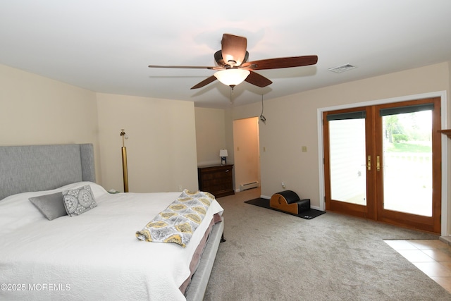 6 Marc Ln, North Hanover, NJ 08562 - carpeted bedroom with access to exterior, french doors, baseboard heating, and ceiling fan
