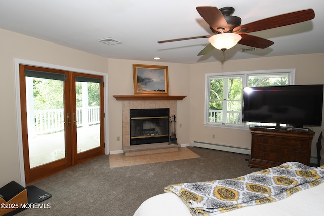 6 Marc Ln, North Hanover, NJ 08562 - living room with a baseboard heating unit, french doors, plenty of natural light, carpet flooring, and recessed lighting