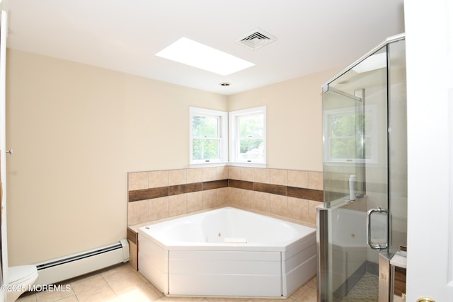 6 Marc Ln, North Hanover, NJ 08562 - full bath with a baseboard radiator, a skylight, a jetted tub, a stall shower, and tile patterned floors