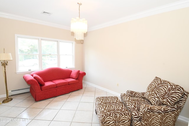 6 Marc Ln, North Hanover, NJ 08562 - sitting room with a baseboard heating unit, ornamental molding, a chandelier, and light tile patterned flooring