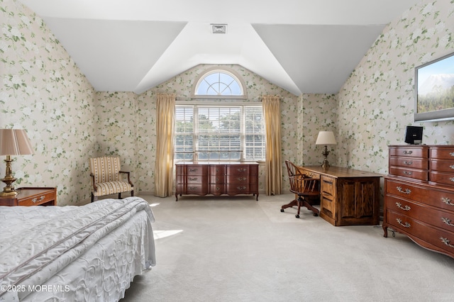 34 Peach Tree Ln, Little Silver, NJ 07739 - bedroom with wallpapered walls, lofted ceiling, carpet floors, and a desk