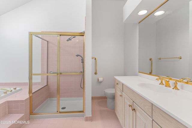 34 Peach Tree Ln, Little Silver, NJ 07739 - bathroom featuring a shower stall, vanity, a bath, tile patterned flooring, and recessed lighting