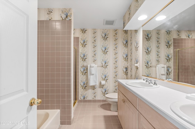 34 Peach Tree Ln, Little Silver, NJ 07739 - bathroom featuring a tile shower, double vanity, tile patterned floors, a tub, and wallpapered walls