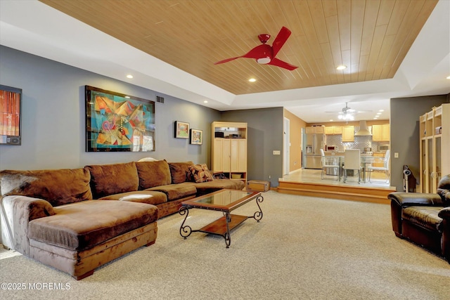 9 Rutherford Ct, Jackson, NJ 08527 - living room with a ceiling fan, wood ceiling, a raised ceiling, light colored carpet, and recessed lighting