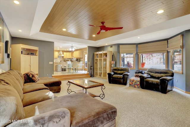 9 Rutherford Ct, Jackson, NJ 08527 - living area with ceiling fan, a tray ceiling, light colored carpet, recessed lighting, and baseboards