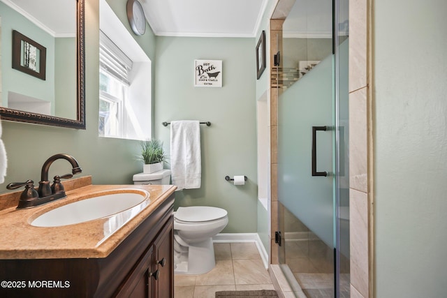 67 Koenig Ln, Freehold, NJ 07728 - full bathroom featuring vanity, crown molding, toilet, a stall shower, and tile patterned flooring