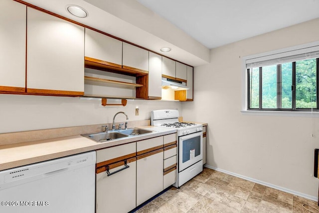 1202 Alpine Trl, Neptune Township, NJ 07753 - kitchen with white appliances, a sink, baseboards, extractor fan, and open shelves