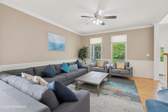 7 Cranberry Ct, Haledon, NJ 07508 - living room featuring crown molding, a ceiling fan, and light wood-style floors