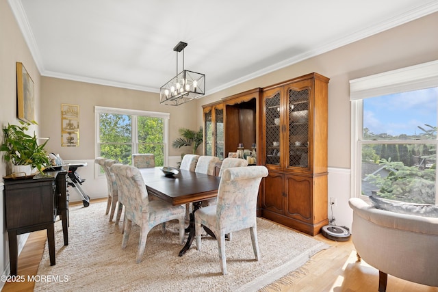 7 Cranberry Ct, Haledon, NJ 07508 - dining area featuring ornamental molding, light wood-type flooring, a chandelier, and a wainscoted wall