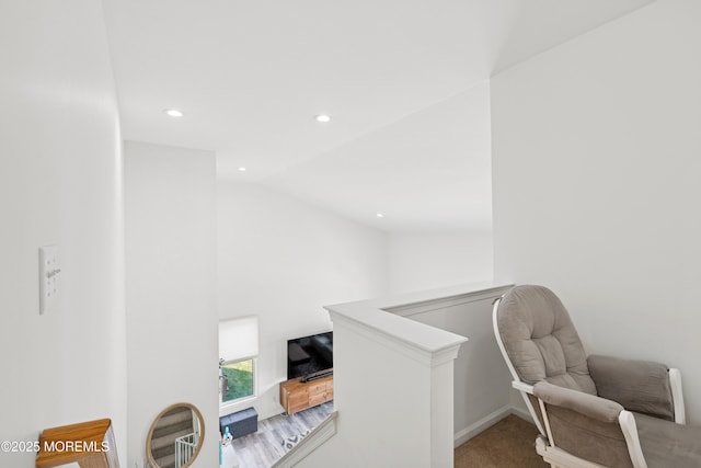 7 Cranberry Ct, Haledon, NJ 07508 - hall featuring lofted ceiling, an upstairs landing, recessed lighting, and carpet