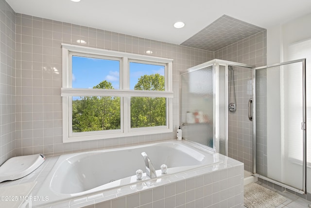 7 Cranberry Ct, Haledon, NJ 07508 - bathroom with a tub with jets, a shower stall, recessed lighting, and tile patterned floors