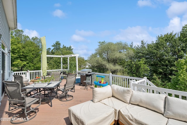 7 Cranberry Ct, Haledon, NJ 07508 - wooden deck with outdoor dining area, outdoor lounge area, grilling area, and view of scattered trees