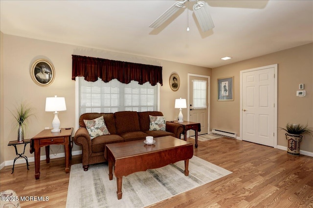 648 Pulham Ct Unit B, Manchester, NJ 08759 - living area featuring baseboard heating, a ceiling fan, baseboards, and light wood-type flooring