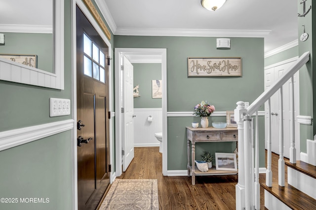 913 Lorillard Ave, Union Beach, NJ 07735 - entryway with stairs, wood finished floors, crown molding, and wainscoting