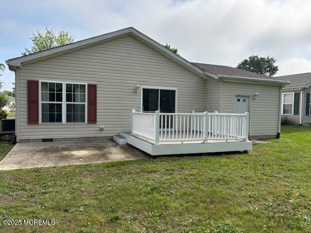 184 Pebble Beach Dr, Mays Landing, NJ 08330 - back of property featuring a wooden deck, a patio, and a lawn