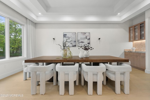 428 Wells Ave, Oakhurst, NJ 07755 - dining space featuring a raised ceiling, recessed lighting, light wood-style flooring, and baseboards