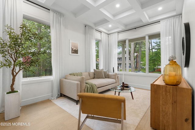 428 Wells Ave, Oakhurst, NJ 07755 - living room with light wood-type flooring, healthy amount of natural light, coffered ceiling, baseboards, and beam ceiling