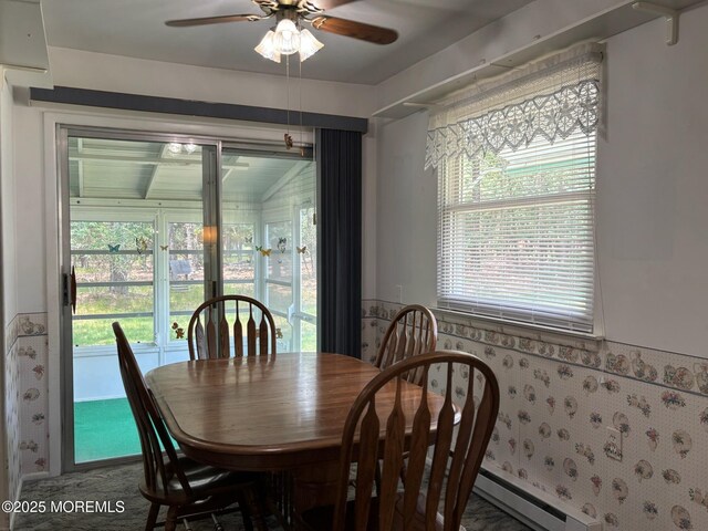 194 Constitution Blvd, Whiting, NJ 08759 - dining space featuring baseboard heating, ceiling fan, wainscoting, healthy amount of natural light, and wallpapered walls