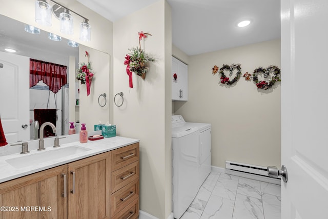 404B Newport Way, Monroe, NJ 08831 - full bath featuring a baseboard radiator, washing machine and clothes dryer, vanity, marble look tile flooring, and recessed lighting