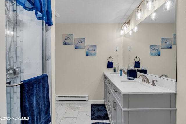 404B Newport Way, Monroe, NJ 08831 - bathroom with baseboard heating, marble finish flooring, double vanity, and a shower with shower door