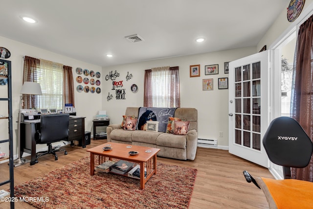 404B Newport Way, Monroe, NJ 08831 - living area featuring a baseboard radiator, wood finished floors, a desk, and recessed lighting
