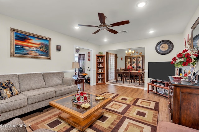 404B Newport Way, Monroe, NJ 08831 - living room with a ceiling fan, light wood finished floors, a chandelier, and recessed lighting