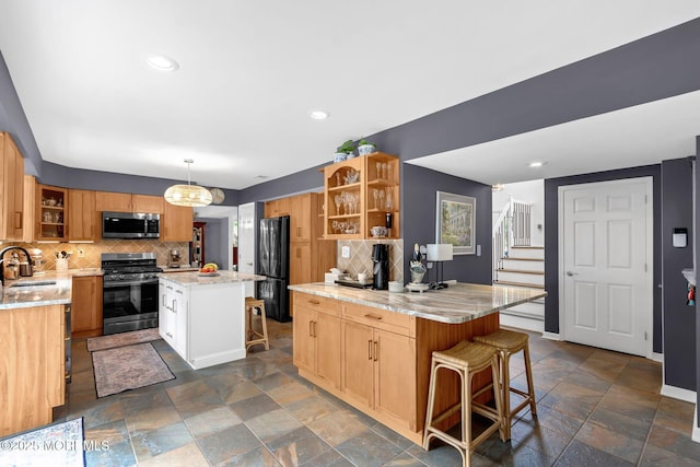 18 Mount Ranier Dr, Howell, NJ 07731 - kitchen featuring stainless steel appliances, open shelves, a sink, decorative backsplash, and recessed lighting