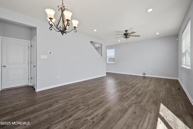 1980 Breakers Dr, Barnegat, NJ 08005 - unfurnished living room featuring a chandelier, dark wood finished floors, recessed lighting, a ceiling fan, and baseboards