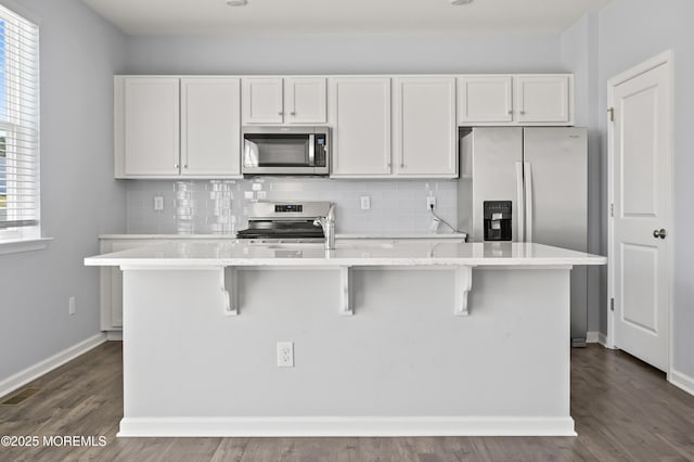 1980 Breakers Dr, Barnegat, NJ 08005 - kitchen with appliances with stainless steel finishes, an island with sink, decorative backsplash, and white cabinets