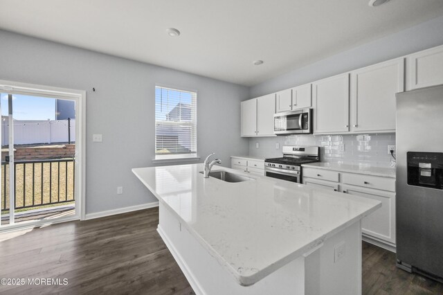 1980 Breakers Dr, Barnegat, NJ 08005 - kitchen featuring stainless steel appliances, a sink, an island with sink, dark wood-style floors, and white cabinetry